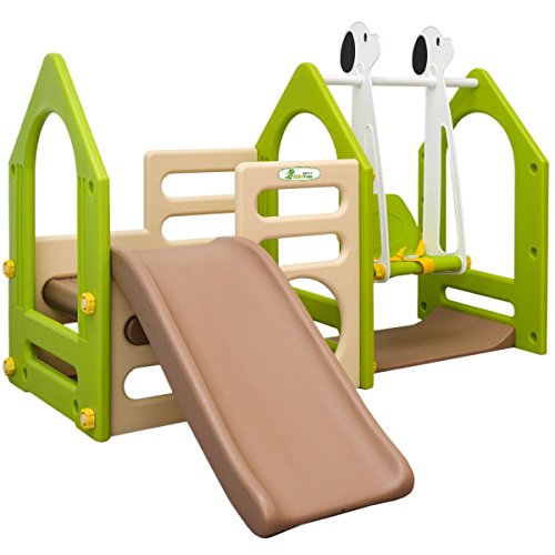 LittleTom Casa de Juegos 155x135cm para niños y niñas de 1 a 4 años Incl Tobogán Columpio Paneles de Escalada Beis Verde marrón