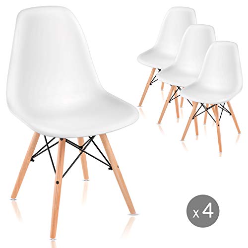 Mc Haus SAONA - Pack 4 Sillas Blancas diseño Nórdico, Asiento Comedor Cocina Terraza con patas Madera de haya 82x46x51 cm Mc Haus SAONA - Pack 4 Sillas Blancas diseño Nórdico, Asiento Comedor Cocina Terraza con patas Madera de haya 82x46x51 cm