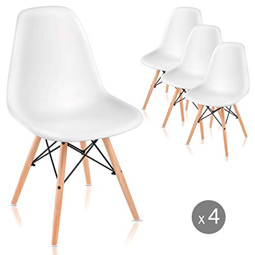 Mc Haus SAONA - Pack 4 Sillas Blancas diseño Nórdico, Asiento Comedor Cocina Terraza con patas Madera de haya 82x46x51 cm