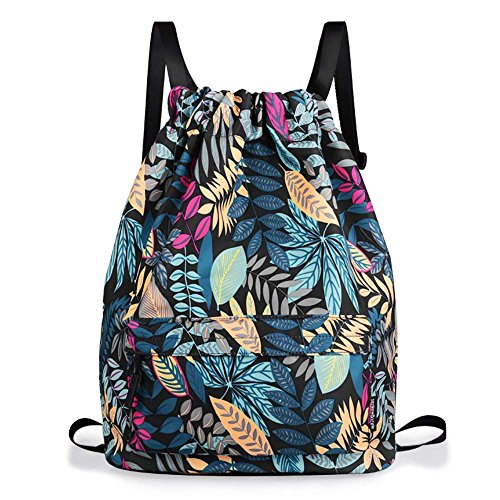 Mochilas casual Unisex lona para PC Viaje Libros Acampada Estudiantes Escuela Bolsa de cuerda Bolsas de gimnasia Mochila cuerda para Niño Niña Chica Hombre Mujer - Horsky Azul oscuro Hojas