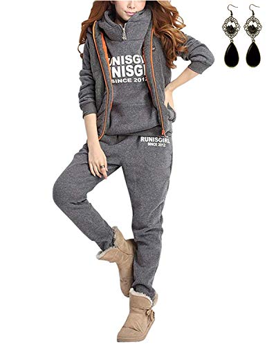 MODETREND Mujer 3pcs Chándal Encapuchada Casual Conjuntos Deportivos Otoño Invierno Sudadera con capucha Sweatshirt + Hoodie Chaqueta Chaleco + Pantalones (S, Gris 2)