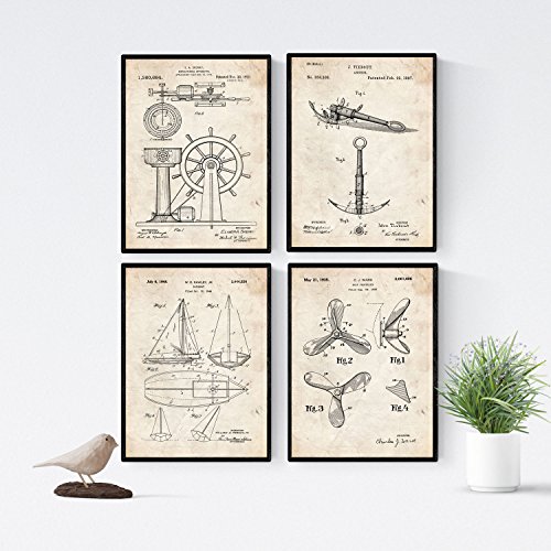 Nacnic Vintage - Pack de 4 Láminas con Patentes de Barcos. Set de Posters con inventos y Patentes Antiguas. Elije el Color Que Más te guste. Impreso en Papel de 250 Gramos