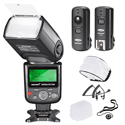 Neewer 750II TTL Flash Speedlite con kit Pantalla LCD para Cámaras Nikon DSLR, Incluye:(1)750II Flash (1)Disparador Inalámbrico 2.4G con Cable N1/N3 (1)Difusor Suave/Duro (1)Soporte de Tapa de Lente