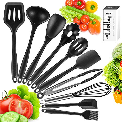 Newdora Utensilios de Cocina de Silicona Resistentes al Calor, 10 Piezas Herramientas antiadherentes para Hornear en la Cocina, Negro Newdora Utensilios de Cocina de Silicona Resistentes al Calor, 10 Piezas Herramientas antiadherentes para Hornear en la Cocina, Negro