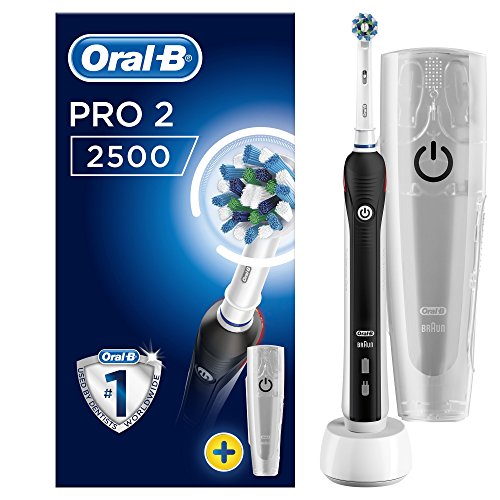 Oral-B PRO 2 2500 CrossAction - Cepillo de Dientes Eléctrico Recargable con Tecnología de Braun, 1 Mango Negro, 2 Modos Incluyendo Cuidado de Las Encías, 1 Cabezal de Recambio Y 1 Estuche de Viaje