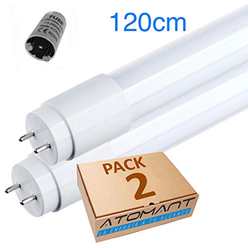 Pack 2x Tubo LED 120 cm, 18w. Color Blanco Frio (6500K). 1800 Lumenes. Cebador LED incluido. A++