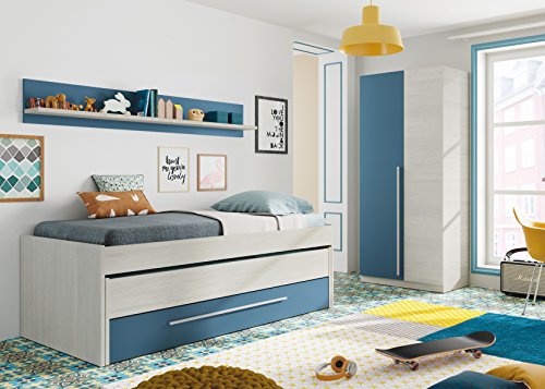 Pack habitación Juvenil con Cama Nido Estante de Pared, Armario y SOMIERES INCLUIDOS Color Blanco y Azul Pack habitación Juvenil con Cama Nido Estante de Pared, Armario y SOMIERES INCLUIDOS Color Blanco y Azul