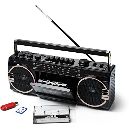 Ricatech Ghettoblaster PR1980 - Reproductor de cassette, 2 altavoces X-Bass de 8 vatios, slot USB, SD, radio y micrófono integrado, color negro