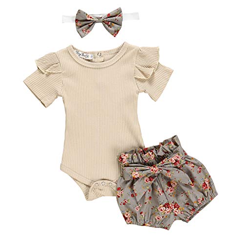 Ropa Bebe Niña Verano Fossen Recién Nacido 0 a 24 Meses Monos con Volantes y Florales Pantalones Cortos,Conjunto/2PC (Khaki, 0-6 Meses)