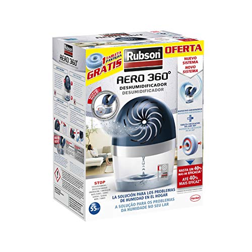 Rubson AERO 360º Deshumidificador recargable, absorbe humedad, previene la condensación y los malos olores, antihumedad ultra absorbente 1 dispositivo y 1 tableta de 450 g Rubson AERO 360º Deshumidificador recargable, absorbe humedad, previene la condensación y los malos olores, antihumedad ultra absorbente 1 dispositivo y 1 tableta de 450 g