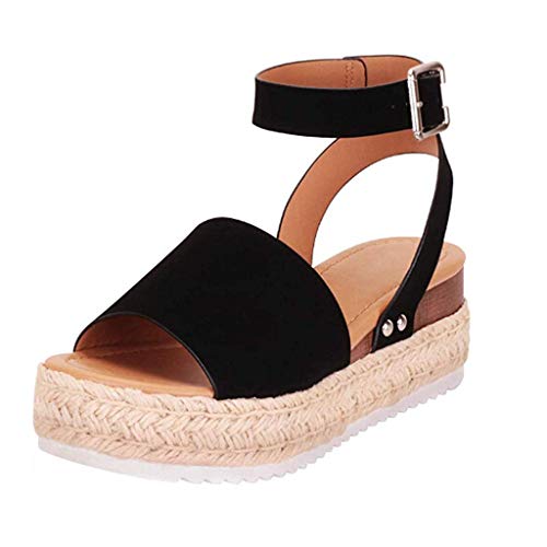 Sandalias Mujer Verano 2019 cáñamo Fondo Grueso Sandalias Punta Abierta Cuero Fondo Plano Zapatos Bohemias Romanas Hebilla Zapatillas Gris 35-43 riou (37, Negro)