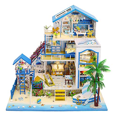 Septiembre-Europe – DIY 1:24 Romántico Mar Egeo Villas de lujo en miniatura Kit creativo casa de muñecas DIY Kit montado para regalo de cumpleaños con luces LED