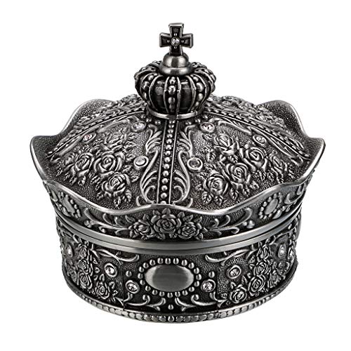 Sumnacon - Joyero vintage pequeño para anillos, collares, pendientes, joyero, organizador de almacenamiento, color plateado antiguo (corona grande)
