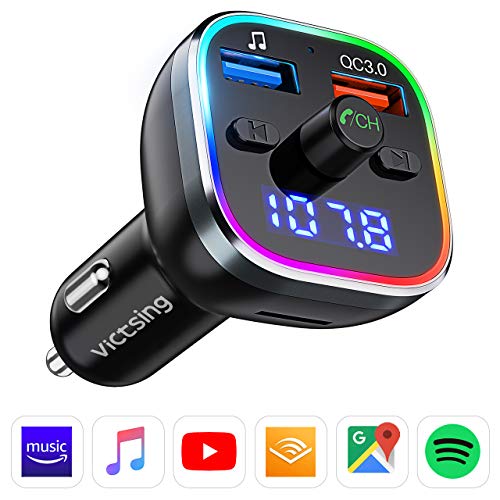 Transmisor FM Bluetooth V5.0, [RGB 7 Colores Luz de Anillo] VicTsing Manos Libres para Coche QC3.0 Carga rápida, Reproductor MP3 Coche, Adaptador de Radio Dual USB QC3.0 & 5V1A, Tarjetas SD + U Disk