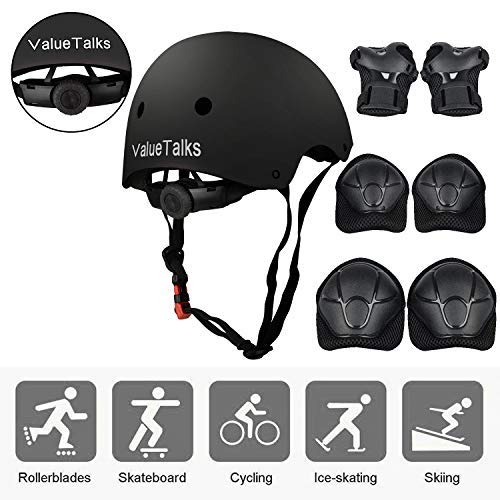 ValueTalks Protección Patinaje, Protección Infantil Consta de Casco Ajustable Rodilleras Coderas, Patinaje Ciclismo Monopatín y Deportes Extremos(Negro)