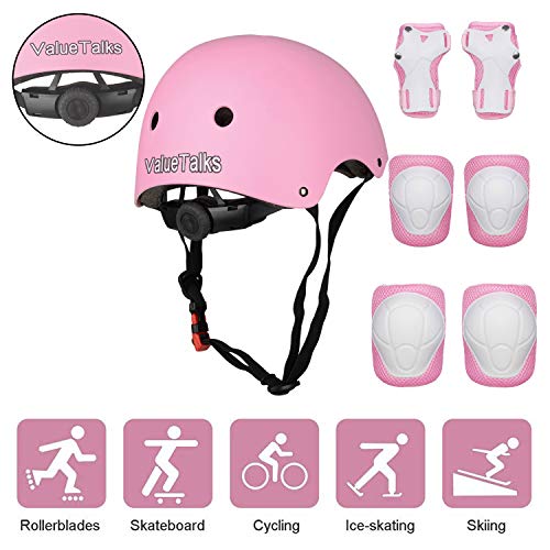 ValueTalks Protección Patinaje, Protección Infantil Consta de Casco Ajustable Rodilleras Coderas, Patinaje Ciclismo Monopatín y Deportes Extremos（Rosa