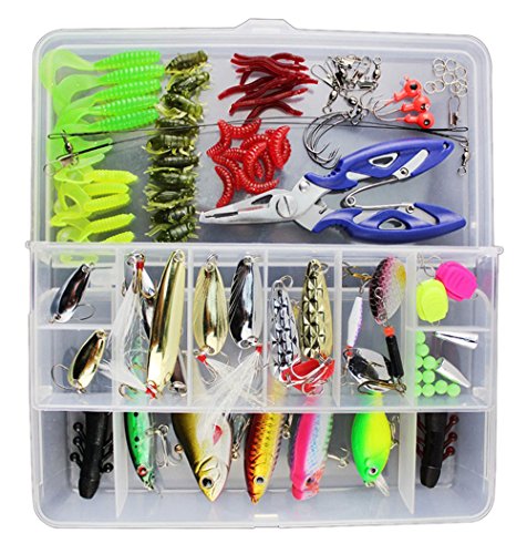 Vicloon Señuelos de Pesca, 120 Piezas Kits de Señuelos Pesca Accesorios Cebos Artificiales Articulos de Pesca Incluido la Caja Tackle, Ganchos, Tijeras, Cebos, Popper, Grillos y más