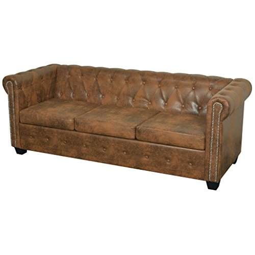 vidaXL Sofá de Estilo Chesterfield de 3 Plazas Cuero Artificial Marrón Sillón