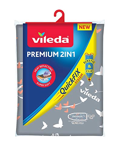 Vileda Premium 2 en 1 - Funda de planchar, tres capas, tamaño universal, suave, color gris y blanco, medidas: 130 x 45 cm