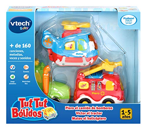 VTech TutTut Bólidos Pack de 3 Coches con botón Sorpresa, Piero el camión de Bomberos, Víctor el Tractor y Mateo el helicóptero, Multicolor, única (3480-242122)