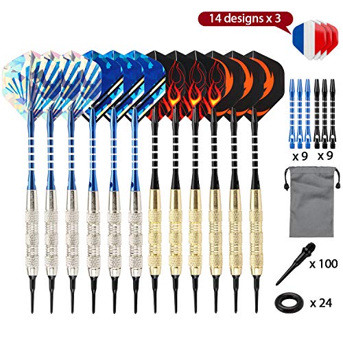 WOTEK 12 Dardos Punta de Plastico para Diana Electrónica, Dardos Diana Electronica + 6 Ejes De Aleación De Zinc + 42 Plumas De 14 Patrones + 100 Puntas -18 Gramos