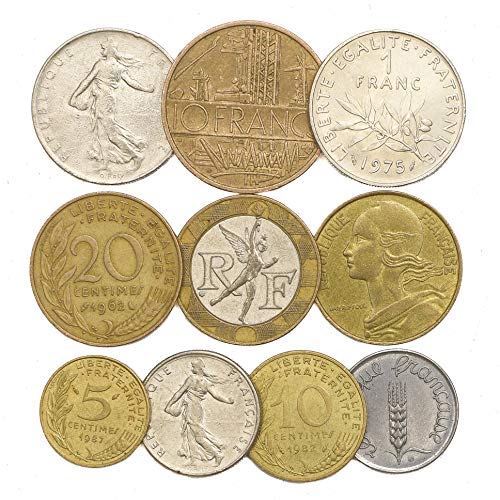 10 Monedas Antiguas de Francia. 10 Monedas francesas: francos, Europea Monedas de céntimos pre-Euro 1959-2001. Ideal para Banco DE Moneda, SOSTENEDORES DE Moneda Y Album DE Monedas