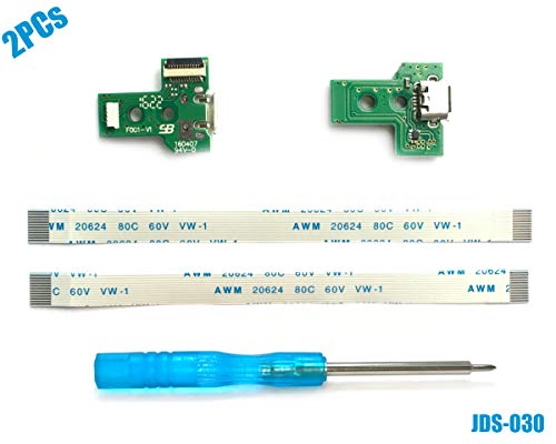 2PCs JDS-030 Tarjeta de Puerto de Carga Micro USB para Mando PS4, Replacement Placa de Conectores de Carga Adaptador con Flex Cable para Controlador Playstation DualShock 4