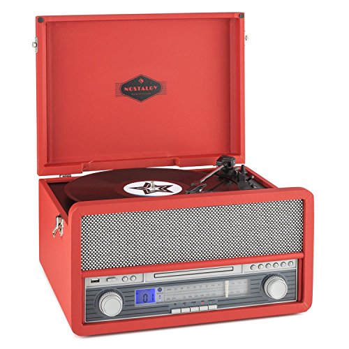 auna Belle Epoque 1907 - estéreo , Tocadiscos , máx. 78 RPM , Bluetooth , Radio , Receptor FM/Am , digitalización , Reproductor de CD , MP3 , pletina de Cassette , Puerto USB , AUX , Rojo