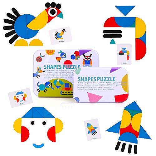 BBLIKE Tangram Madera, 36 Montessori Puzzle de Madera + 60 PCS Diseño Tarjetas de Apilamiento Juegos y Juguetes Educativos Clasificación de la Infancia