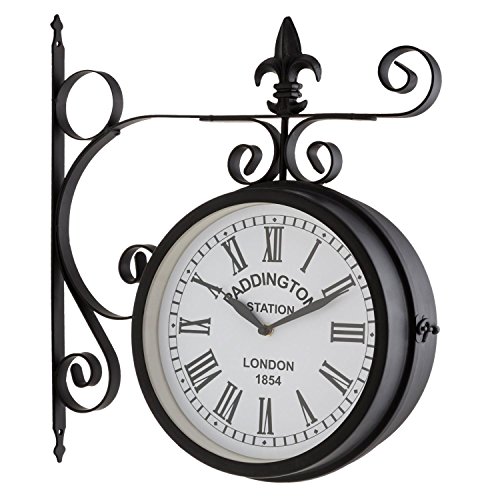 Blumfeldt Paddington Reloj de Pared (diseño Retro Siglo XIX, Esfera estanca 23 cm diámetro, 2 Caras, números Romanos Grandes, Material Resistente Exterior jardín, Carcasa metálica Negro Mate)