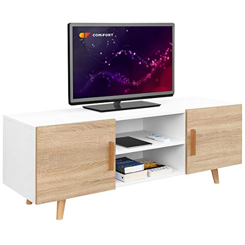 COMIFORT Mueble de TV - Mesa de Salón Moderno, Estilo Nórdico, Puertas con Tirador y Patas de Haya 100%, Muy Resistente, Fabricado en Europa, Color Blanco y Roble