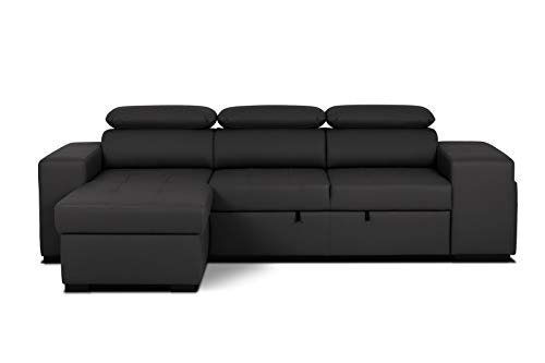 Confort24 John Hogar Sofá Cama 3 Plazas o 4 Plazas Chaise Longue Derecha o Izquierda Esquinero Reposacabezas Ajustable 2 Puffs Negro Salon Decoración de Hogar Polipiel Piel Sintética Negro