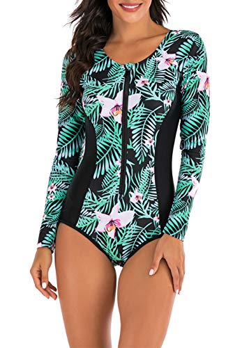 De Las Mujeres Traje De Surf Baño De Una Pieza De Protección Solar De Manga Larga Rash Guard Impresión Hermosa Postal Frontal del Bañador,Verde,XL