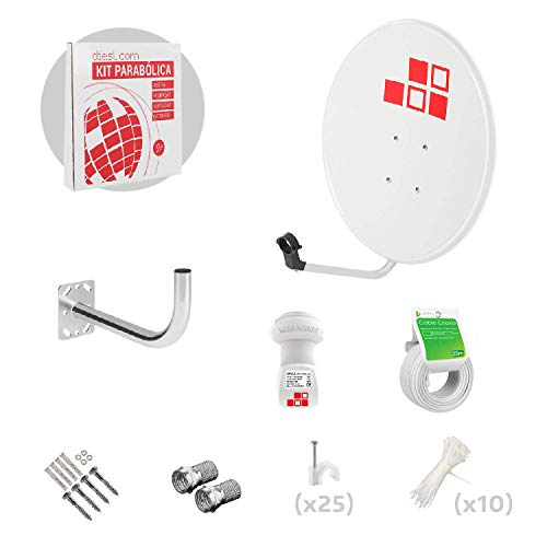 Diesl.com - Kit Parabólica 60cm + LNB + Soporte + 20 Metros de cable + Tacos a pared + Conectores + 10x Bridas Diesl.com - Kit Parabólica 60cm + LNB + Soporte + 20 Metros de cable + Tacos a pared + Conectores + 10x Bridas