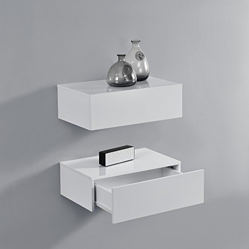 [en.casa] Set de 2 Mesitas de Noche de Pared con cajón - Lacado Brillo Blanco - 46x30x15cm