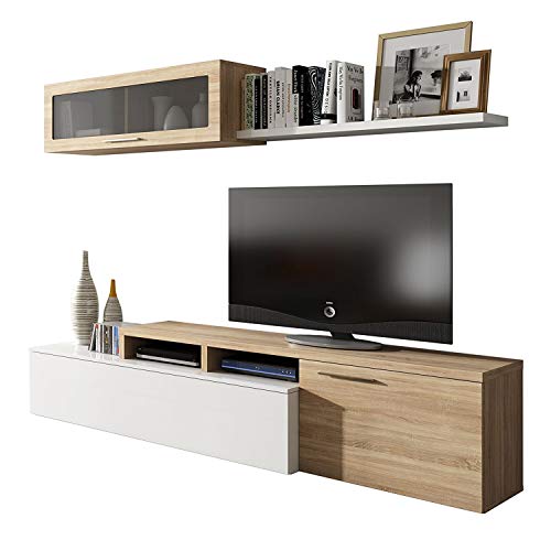 Habitdesign - Mueble de salón Comedor Moderno, Medidas: 200x41/34x43 cm de Alto (Blanco Brillo y Roble Canadian) Habitdesign - Mueble de salón Comedor Moderno, Medidas: 200x41/34x43 cm de Alto (Blanco Brillo y Roble Canadian)