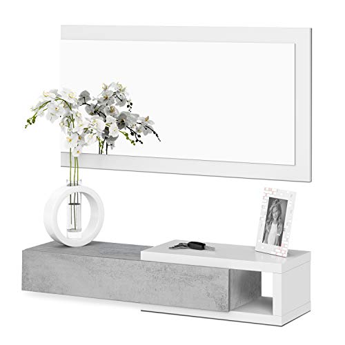 Habitdesign - Recibidor con cajón + Espejo, Medidas 19 x 95 x 26 cm de Fondo (Blanco Artik y Cemento) Habitdesign - Recibidor con cajón + Espejo, Medidas 19 x 95 x 26 cm de Fondo (Blanco Artik y Cemento)