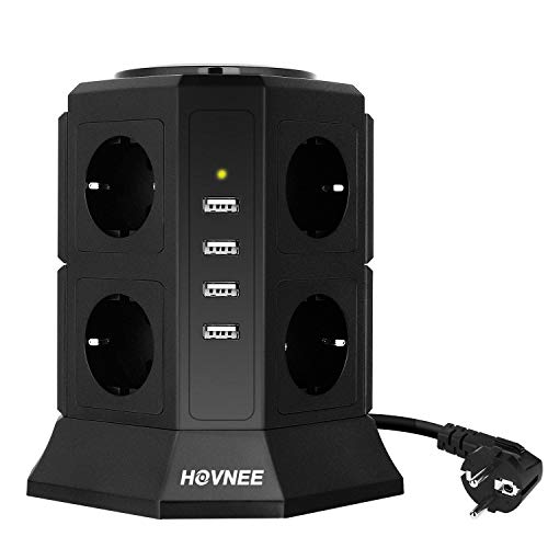 HOVNEE Regleta Vertical Enchufes de 8 Tomas Corrientes y 4 Rápida USB Tomas, Alargadora Cable de 2m con Protección y Interruptor, Base Múltiple, Tapón de Seguridad, 2500W/10A (12-EN-1)