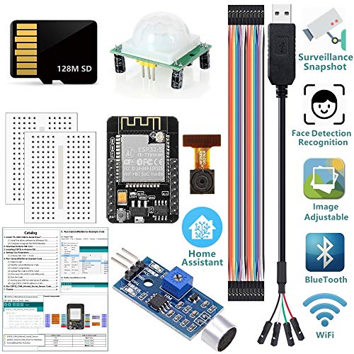 ideaspark ESP32-CAM Kits Arduino Monitor Instantánea Detección de rostros Reconocimiento WiFi Bluetooth Cámara Módulo 128M Tarjeta SD USB a Cable Serie HC-SR501 Sensor de Sonido(Tutorial en inglés)