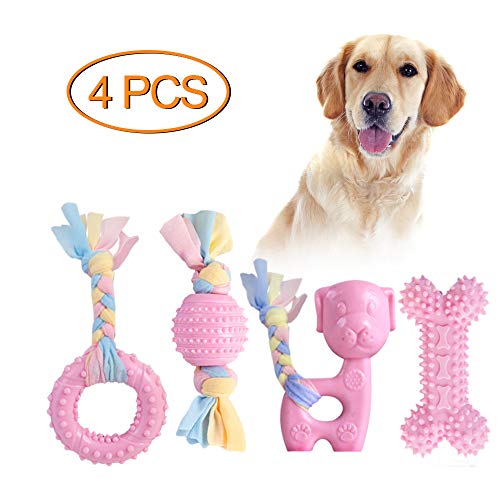 JYPS Puppy Chew Toys, 4pcs Juego de Juguete para la dentición del Perro con Bolas y Cuerdas de algodón Regalo Interactivo de Juguetes para Mascotas para Cachorros pequeños y Perros medianos (Rosado)