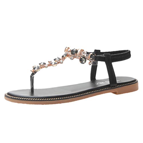 KEXIAODE - Sandalias Planas para Mujer, a la Moda, Verano, Bohemio, con pedrería, Piel sintética, cómodas, para Playa, Vacaciones, Negro (Negro), 38 EU KEXIAODE - Sandalias Planas para Mujer, a la Moda, Verano, Bohemio, con pedrería, Piel sintética, cómodas, para Playa, Vacaciones, Negro (Negro), 38 EU
