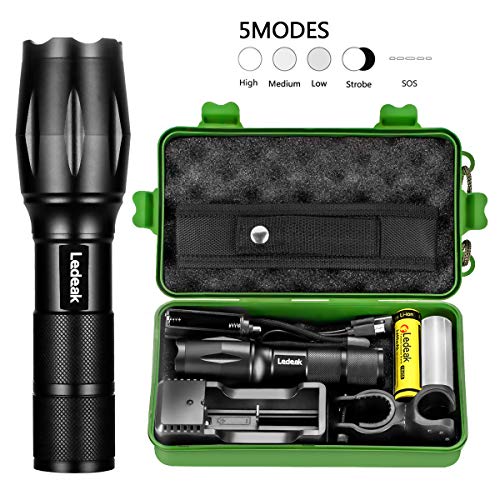 Ledeak Linterna LED Alta Potencia, 1200 Lúmenes CREE L2 Antorcha de Mano, 5 Modos Zoomable Impermeable Táctica con 18650 Batería Recargable, cargador USB, Soporte para Bicicleta, Funda de Linterna Ledeak Linterna LED Alta Potencia, 1200 Lúmenes CREE L2 Antorcha de Mano, 5 Modos Zoomable Impermeable Táctica con 18650 Batería Recargable, cargador USB, Soporte para Bicicleta, Funda de Linterna