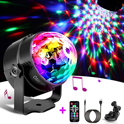 Luces Discoteca OMERIL Bola Discoteca con 4M Cable USB, LED Giratoria Luz de Fiesta con Sonido Activado, Control Remoto y 7 Colores RGB, Ideal para Cumpleaños, Discoteca, Fiesta, Bar, Navidad, Bodas