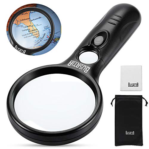 Lupa con Luz BUSATIA - 3 Lupas con Luz LED 3X 45X, Lupa de Mano Portátil para Lectura Observación Afición y Manualidades - Con Paño de Lente y Bolsa de Almacenamiento Lupa con Luz BUSATIA - 3 Lupas con Luz LED 3X 45X, Lupa de Mano Portátil para Lectura Observación Afición y Manualidades - Con Paño de Lente y Bolsa de Almacenamiento