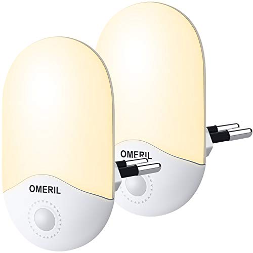 Luz Nocturna Infantil (2 Pack) OMERIL Luz Noche con Luz Sensor, Luz Quitamiedos Infantil con Enchufe Pared, Ahorro de Energía para Habitación Bebé, Niños, Dormitorio, Sala, Pasillos, Baño, Cocina