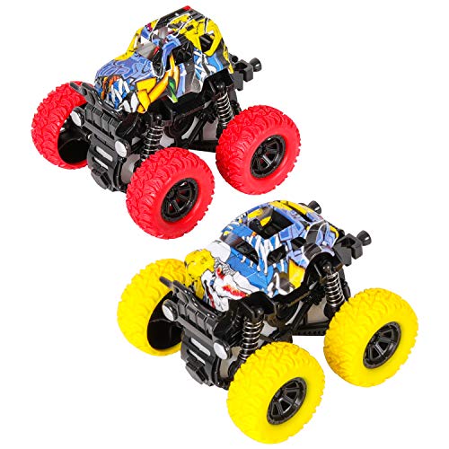 m zimoon Echar para Atrás Coche Vehículos de Juguete Friction Powered Monster Camiones 360 Degree Rotary Fuera del Camino Carros para Niños Niñas (2 Piezas, Amarillo Rojo)