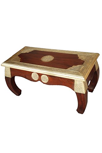 Marrakesch Kabul - Mesa de madera maciza de estilo marroquí (80 cm, madera maciza con latón), color marrón