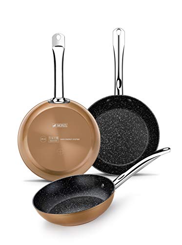 Monix Copper - Set de 3 Sartenes Efecto Cobre, Aluminio Forjado Antiadherente con Partículas de Titanio, Aptas para Todo Tipo de Cocinas incluso Inducción, 20-24-28 cm