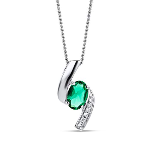 Orovi Collar Señora con cadena en Oro Blanco con Diamantes Talla Brillante y Esmeralda Oval 0.35 Ct Oro 9 Kt / 375 Cadena 45 Cm