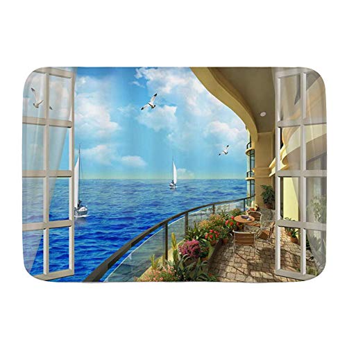 PatrickOgden Alfombrillas para baño, Vista al Mar Casa Jardín Balcón Ventana Azul Océano,con Respaldo Antideslizante,29.5"X17.5"